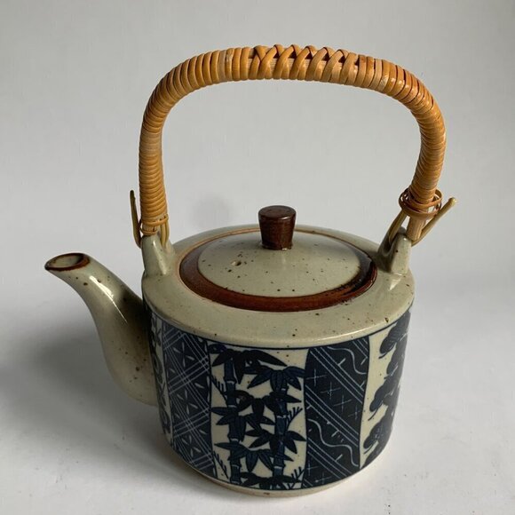 Takahashi Japan Vintage Gray Speckled Blue Bamboo Print Teapot 4 Cups Set - Picture 8 of 12